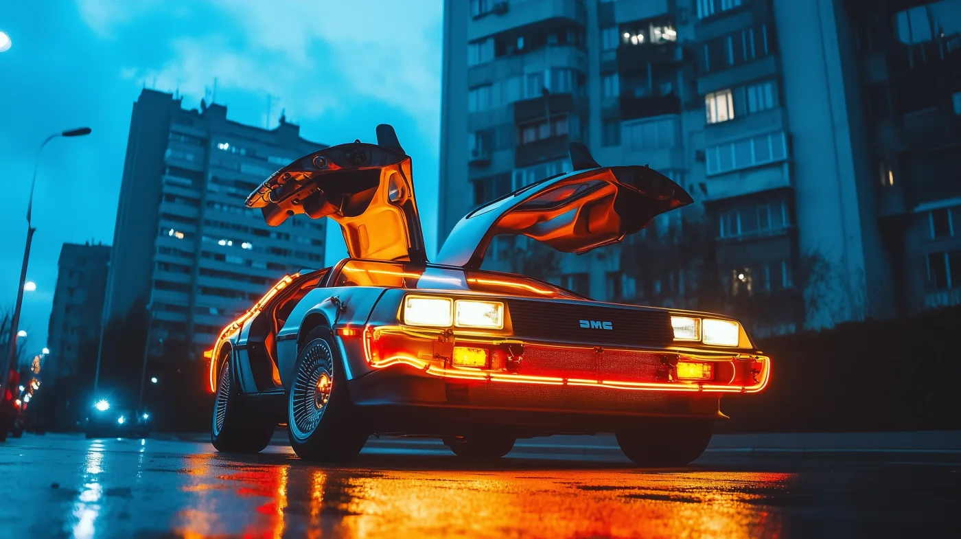 eniac85 editorial photo of a Delorean in the style of Back to t 6a1930f5 b0cb 4401 a502 31203abc7fed